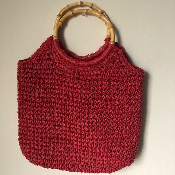 Red Vintage Knit Bag Wooden Handles Red Vintage Knit Bag Wooden Handles